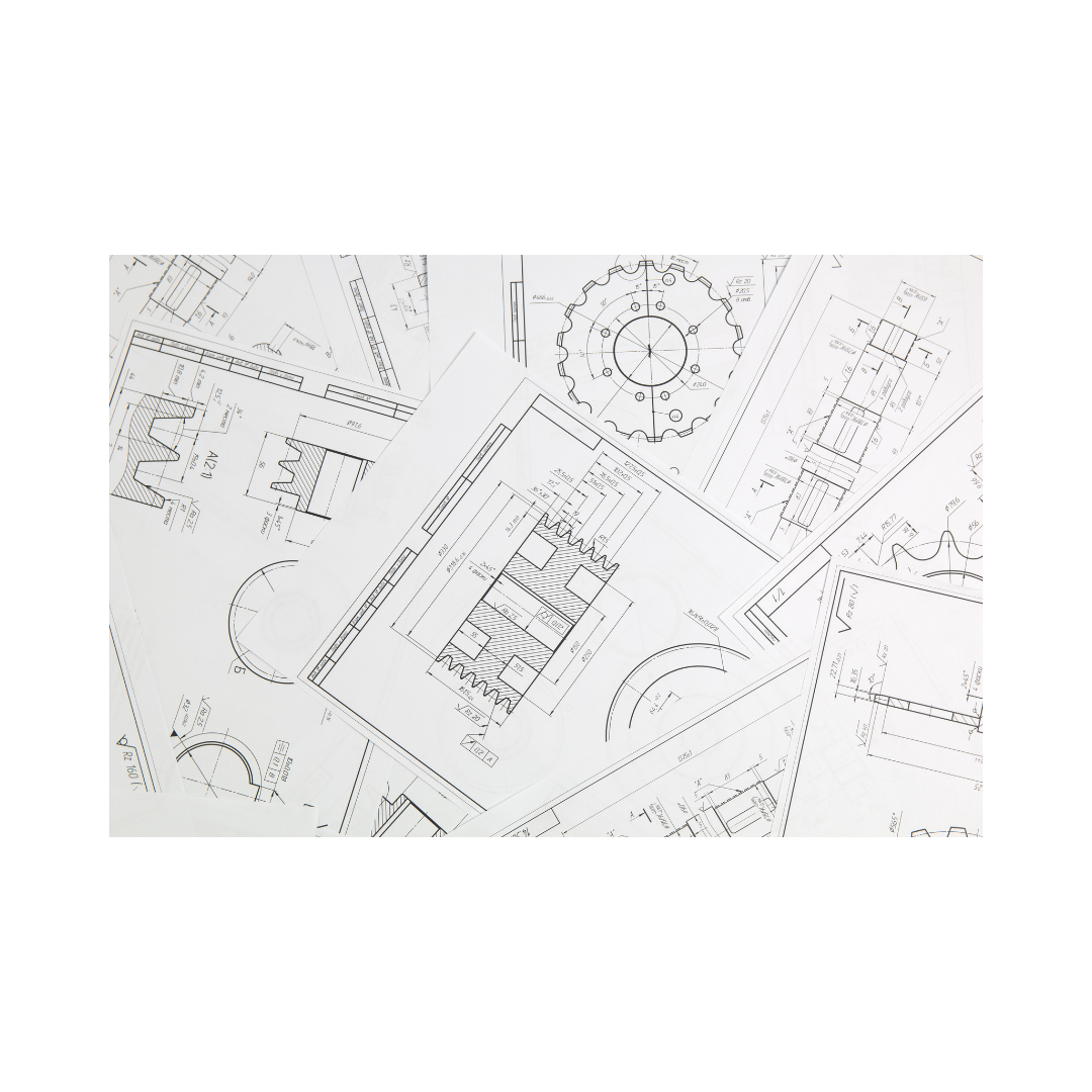 Technical engineering drawings showing detailed mechanical parts and measurements